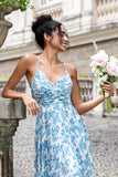 White Blue Flower A Line Spaghetti Straps Pleated Floral Bridesmaid Dress