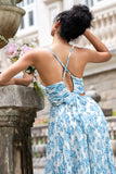 White Blue Flower A Line Spaghetti Straps Pleated Floral Bridesmaid Dress