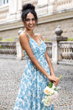 White Blue Flower A Line Spaghetti Straps Pleated Floral Bridesmaid Dress