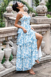 Elegant White Blue Flower A Line Spaghetti Straps Print Tiered Maxi Dress