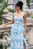 Elegant White Blue Flower A Line Spaghetti Straps Print Tiered Maxi Dress