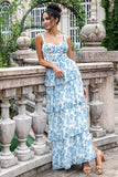 Elegant White Blue Flower A Line Spaghetti Straps Print Tiered Maxi Dress