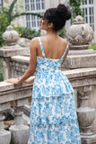 Elegant White Blue Flower A Line Spaghetti Straps Print Tiered Maxi Dress
