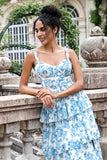 Elegant White Blue Flower A Line Spaghetti Straps Print Tiered Maxi Dress