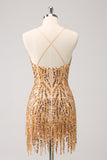 Sparkly Unique Gold Bodycon Spaghetti Straps Sequin Homecoming Dress with Tassel