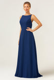 Mermaid Backless Long Chiffon Navy Bridesmaid Dress with Sleeveless