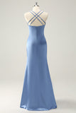 Blue Mermaid Spaghetti Straps Long Satin Bridesmaid Dress with Slit