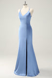 Blue Mermaid Spaghetti Straps Long Satin Bridesmaid Dress with Slit