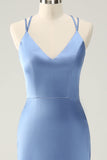 Blue Mermaid Spaghetti Straps Long Satin Bridesmaid Dress with Slit