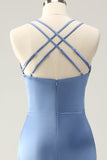 Blue Mermaid Spaghetti Straps Long Satin Bridesmaid Dress with Slit