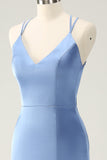 Blue Mermaid Spaghetti Straps Long Satin Bridesmaid Dress with Slit