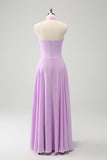 Purple A Line Halter Backless Pleated Chiffon Long Bridesmaid Dress With Buckle