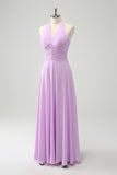 Purple A Line Halter Backless Pleated Chiffon Long Bridesmaid Dress With Buckle