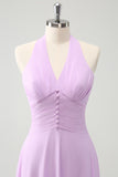 Purple A Line Halter Backless Pleated Chiffon Long Bridesmaid Dress With Buckle