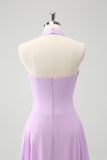 Purple A Line Halter Backless Pleated Chiffon Long Bridesmaid Dress With Buckle