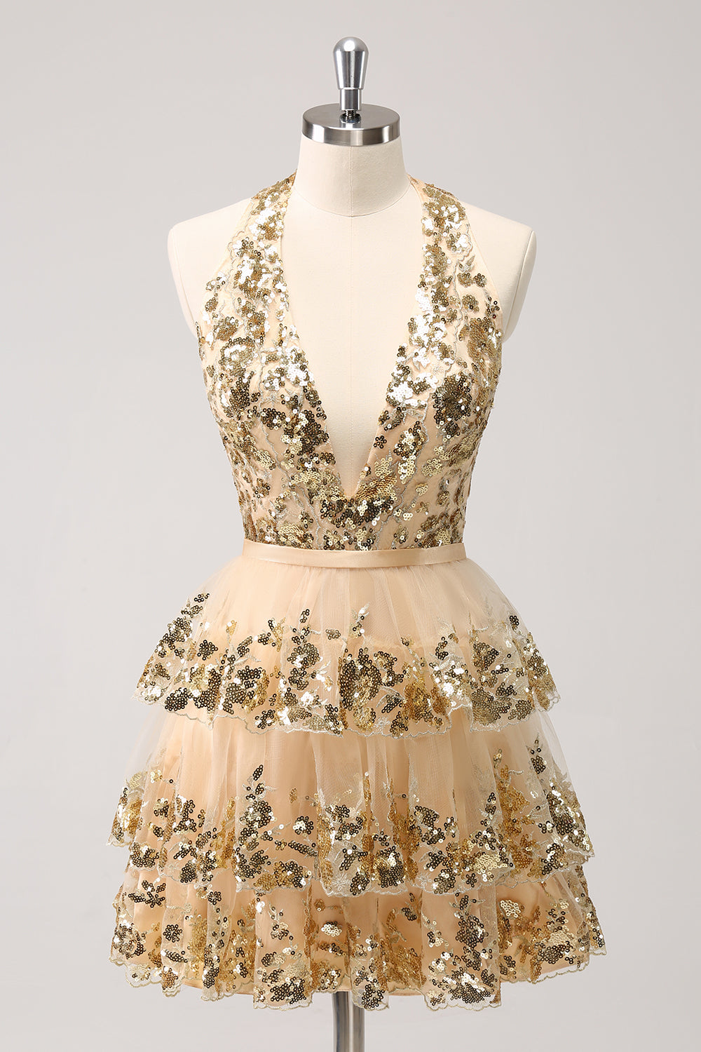 Wedtrend Women Sparkly Gold Homecoming Dress with Sequins A Line Halter Corset Tiered Backless Cocktail Party Dress WEDTREND Wedtrend Women Sparkly Gold Homecoming Dress with Sequins A Line Halter Corset Tiered Backless Cocktail Party Dress WEDTREND