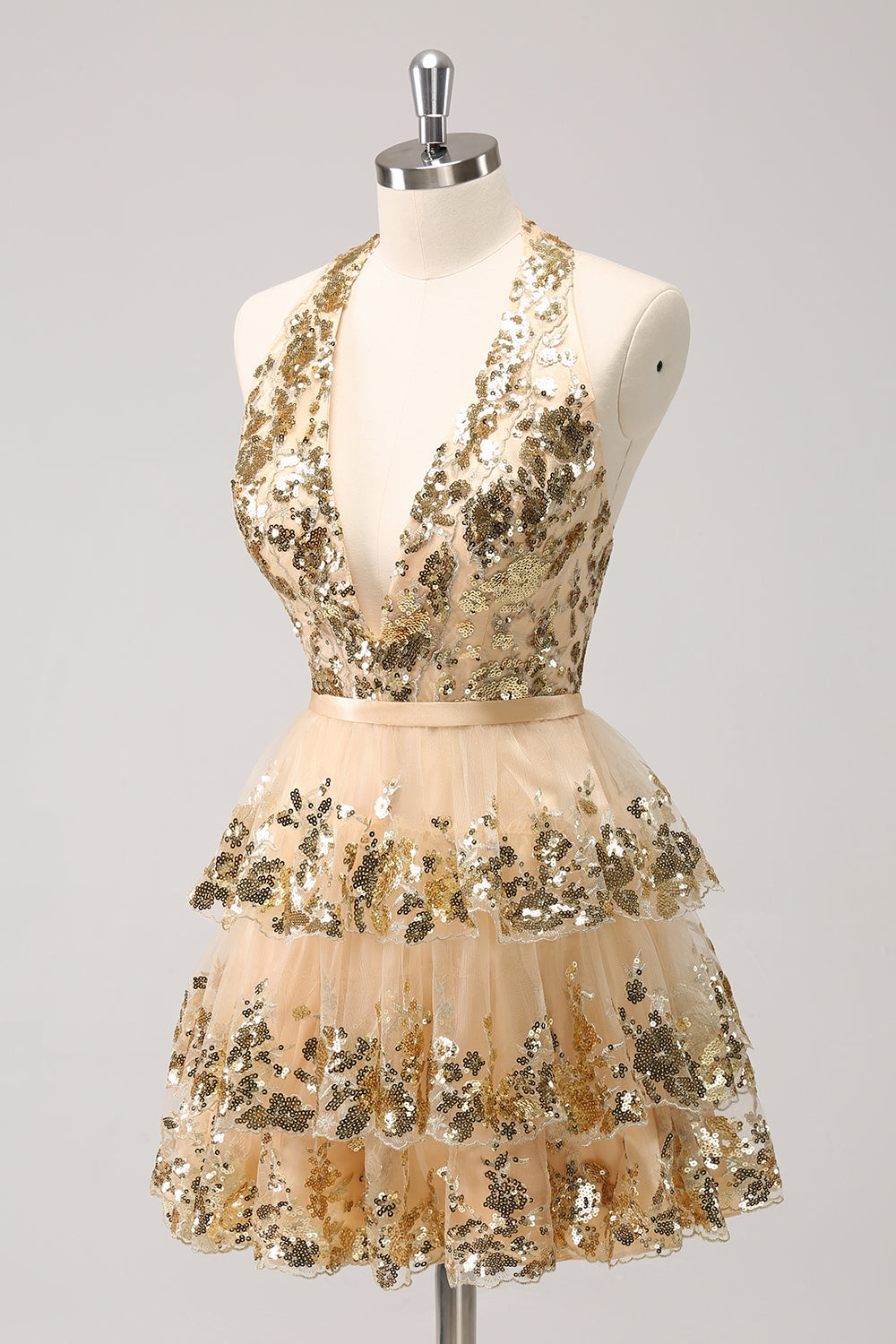 Wedtrend Women Sparkly Gold Homecoming Dress with Sequins A Line Halter Corset Tiered Backless Cocktail Party Dress WEDTREND Wedtrend Women Sparkly Gold Homecoming Dress with Sequins A Line Halter Corset Tiered Backless Cocktail Party Dress WEDTREND