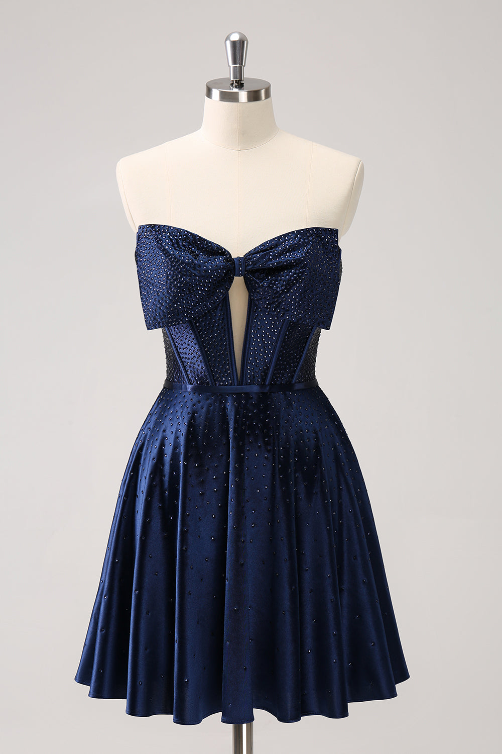 Wedtrend Women Cute Navy Beaded Homecoming Dress With Bow A Line Strapless Hollow Out Corset Cocktail Dress with Ruffles WEDTREND Wedtrend Women Cute Navy Beaded Homecoming Dress With Bow A Line Strapless Hollow Out Corset Cocktail Dress with Ruffles WEDTREND