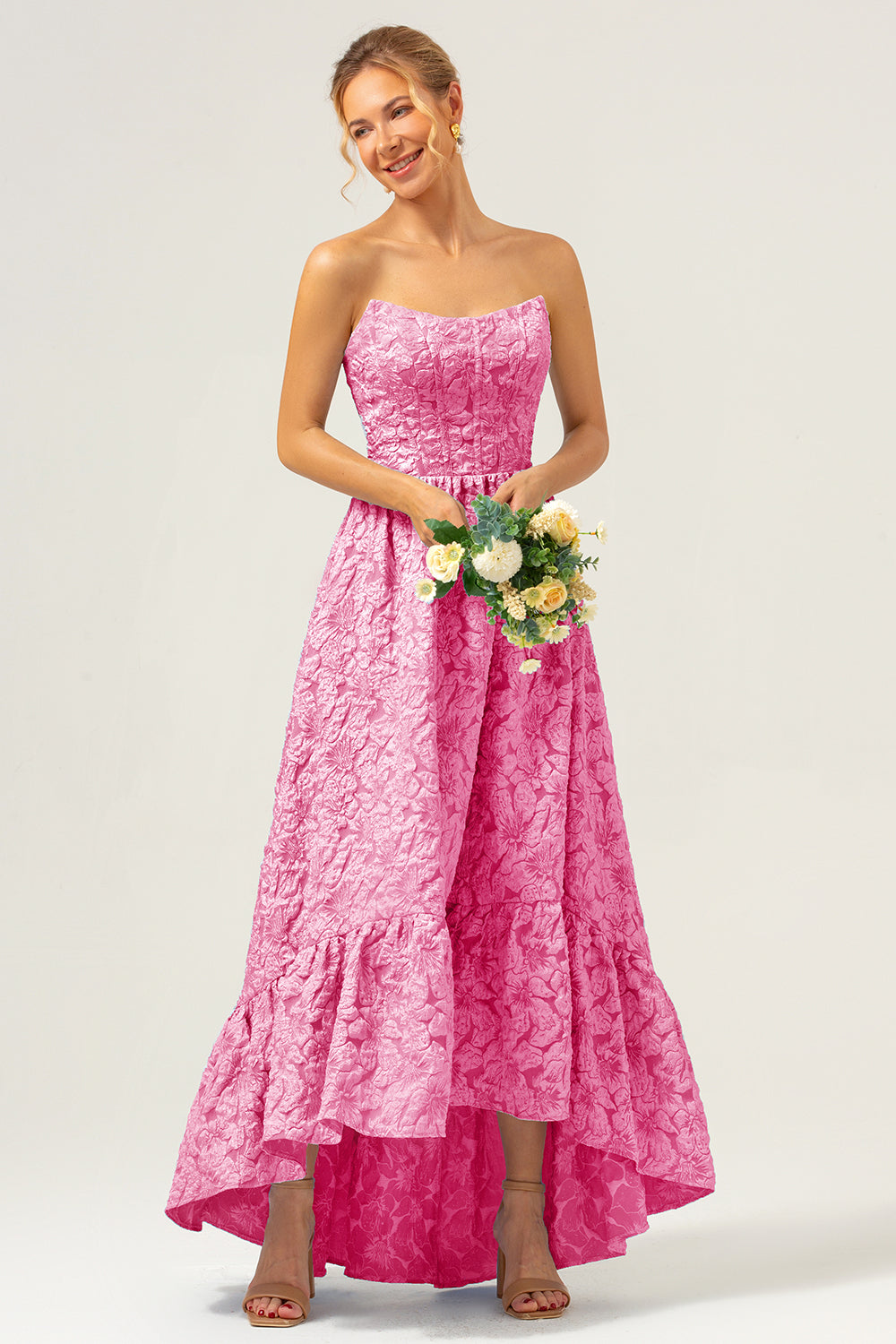 Wedtrend Women Blue Floral Bridesmaid Dress A-Line Strapless Brocade High Low Wedding Guest Dress WEDTREND Wedtrend Women Blue Floral Bridesmaid Dress A-Line Strapless Brocade High Low Wedding Guest Dress WEDTREND