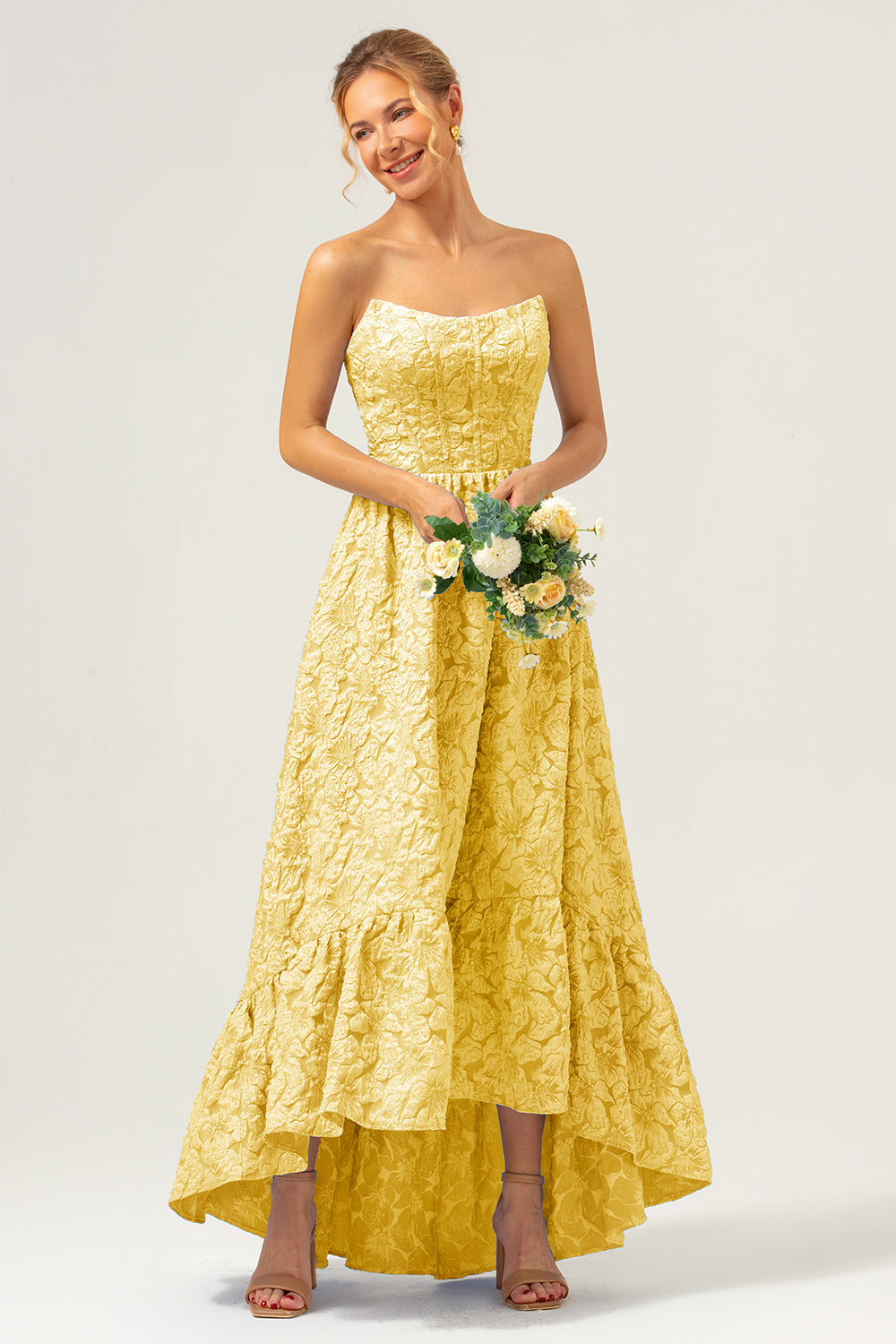Wedtrend Women Blue Floral Bridesmaid Dress A-Line Strapless Brocade High Low Wedding Guest Dress WEDTREND Wedtrend Women Blue Floral Bridesmaid Dress A-Line Strapless Brocade High Low Wedding Guest Dress WEDTREND