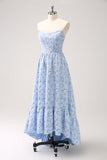 Blue A-Line Brocade Strapless Floral High Low Bridesmaid Dress with Ruffle