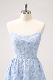 Blue A-Line Brocade Strapless Floral High Low Bridesmaid Dress with Ruffle