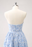 Blue A-Line Brocade Strapless Floral High Low Bridesmaid Dress with Ruffle