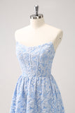 Blue A-Line Brocade Strapless Floral High Low Bridesmaid Dress with Ruffle