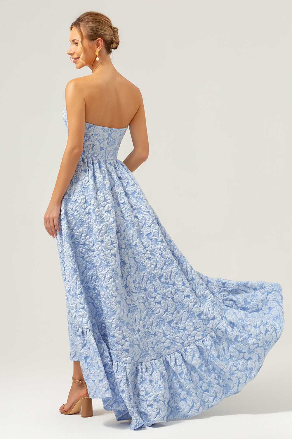 Wedtrend Women Blue Floral Bridesmaid Dress A-Line Strapless Brocade High Low Wedding Guest Dress, Blue / US26W
