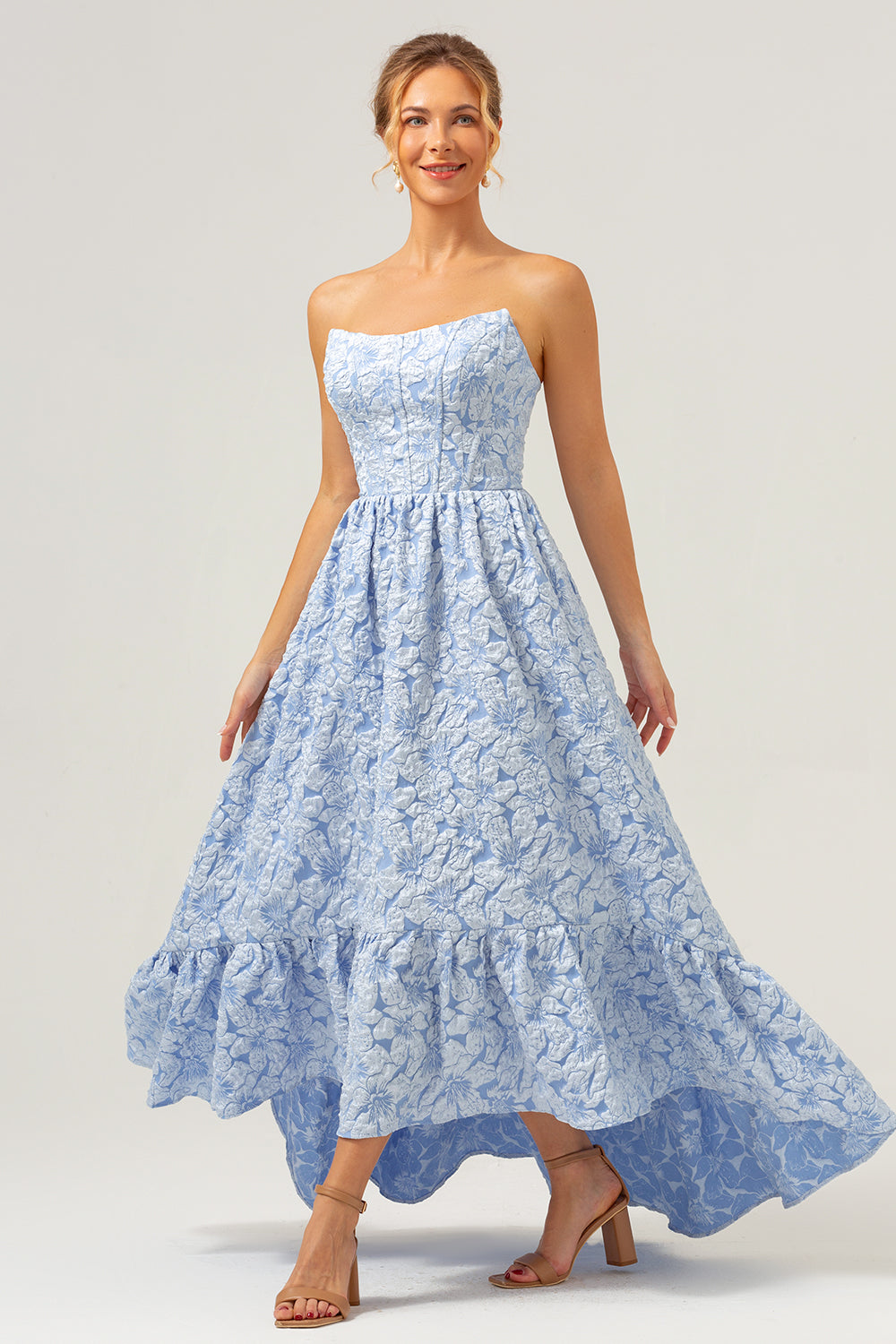blue high low bridesmaid dresses short maid of honor dresses A-line Ruched V-neck Short Sleeves High Low Chiffon Dusty