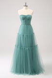 A Line Strapless Corset Tulle Long Eucalyptus Bridesmaid Dress