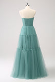 A Line Strapless Corset Tulle Long Eucalyptus Bridesmaid Dress