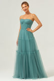 A Line Strapless Corset Tulle Long Eucalyptus Bridesmaid Dress