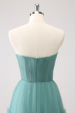 Eucalyptus A Line Strapless Corset Tulle Long Bridesmaid Dress