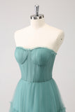 Eucalyptus A Line Strapless Corset Tulle Long Bridesmaid Dress