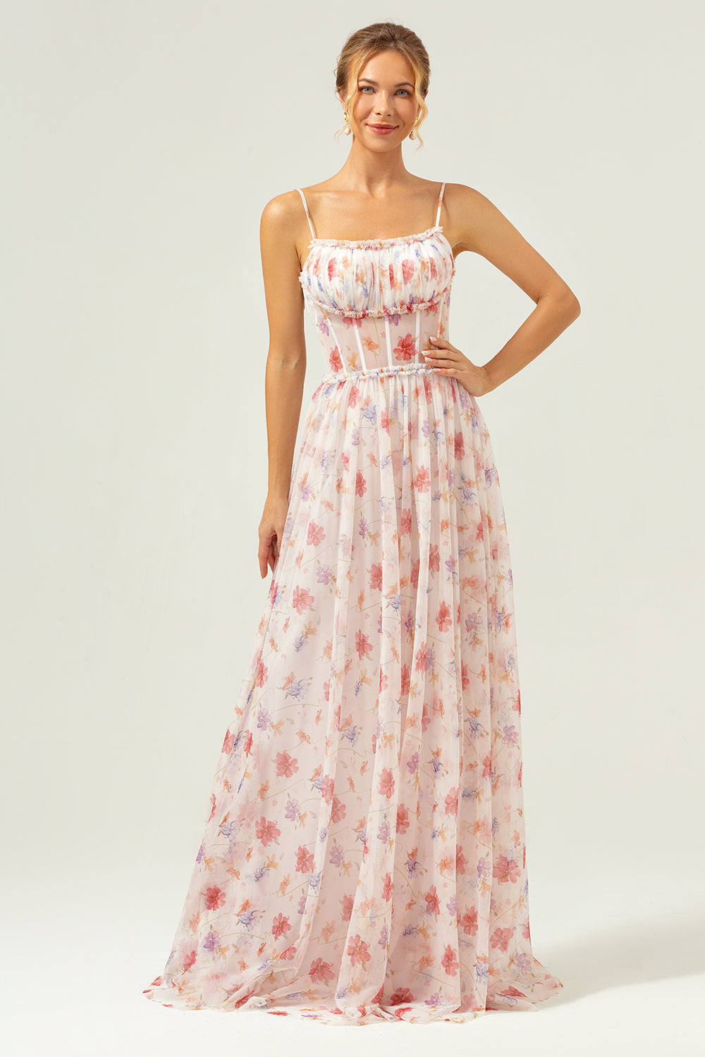 Wedtrend Women White Red Floral Long Bridesmaid Dress A Line Spaghetti Straps Ruched Corset Wedding Guest Dress WEDTREND Wedtrend Women White Red Floral Long Bridesmaid Dress A Line Spaghetti Straps Ruched Corset Wedding Guest Dress WEDTREND