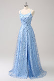 Sparkly Blue A Line Spaghetti Straps Sequins Long Prom Dress with Slit