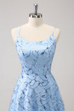 Sparkly Blue A Line Spaghetti Straps Sequins Long Prom Dress with Slit