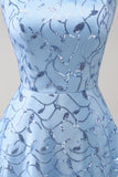 Sparkly Blue A Line Spaghetti Straps Sequins Long Prom Dress with Slit
