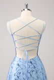 Sparkly Blue A Line Spaghetti Straps Sequins Long Prom Dress with Slit