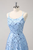 Sparkly Blue A Line Spaghetti Straps Sequins Long Prom Dress with Slit