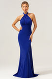 Glitter Royal Blue Mermaid Halter Corset Backless Long Formal Dress