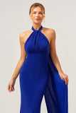 Glitter Royal Blue Mermaid Halter Corset Backless Long Formal Dress