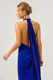 Glitter Royal Blue Mermaid Halter Corset Backless Long Formal Dress