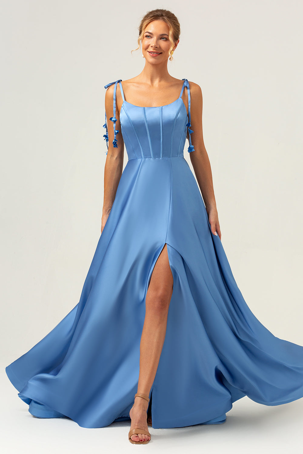 Wedtrend Women Blue Bridesmaid Dress with Slit A Line Spaghetti Straps Corset Long Prom Dress with Lace Up Back, Blue / US2