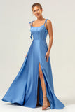 A Line Spaghetti Straps Corset Lace Up Back Long Blue Bridesmaid Dress with Slit