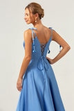 A Line Spaghetti Straps Corset Lace Up Back Long Blue Bridesmaid Dress with Slit