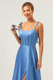 A Line Spaghetti Straps Corset Lace Up Back Long Blue Bridesmaid Dress with Slit