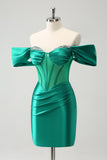 Glitter Green Tight Off the shoulder Corset Homecoming Dress with Beading
