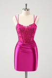 Glitter Fuchsia Ruched Corset Short Tight Homecoming Dresses with Lace Up Back